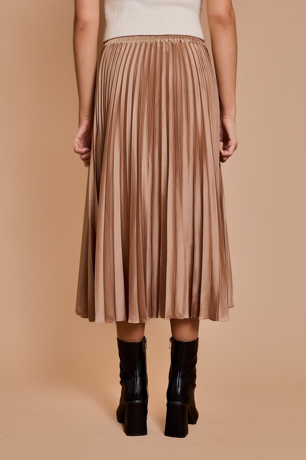 Sunburst Pleated Satin Skirt-Beige