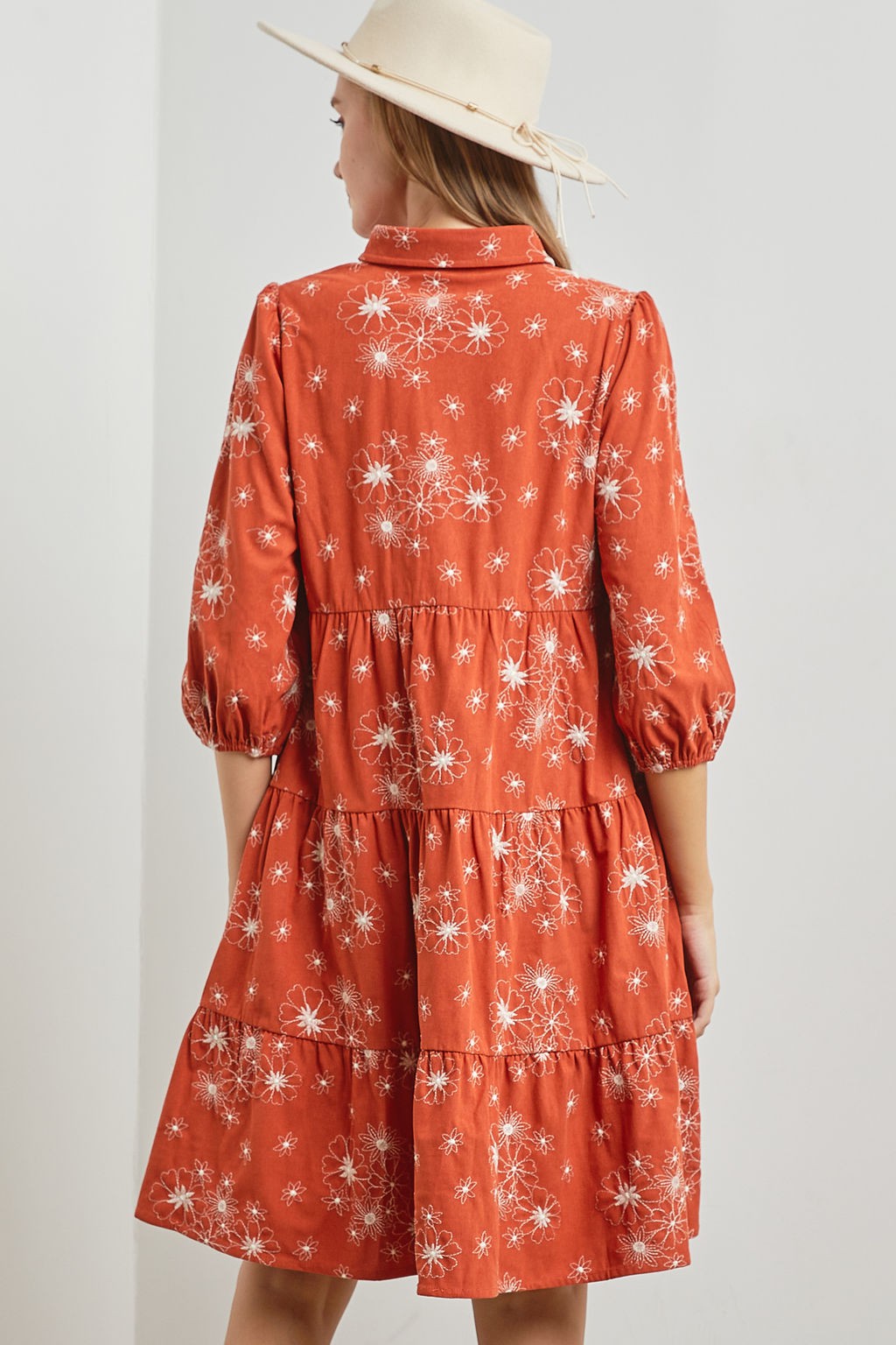 Floral Design Tiered Corduroy Midi Dress-Rust