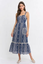 Sierra Embroidered Striped Maxi Dress-Navy White Flowy