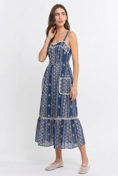 Sierra Embroidered Striped Maxi Dress-Navy White Flowy