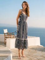 Sierra Embroidered Striped Maxi Dress-Navy White Flowy
