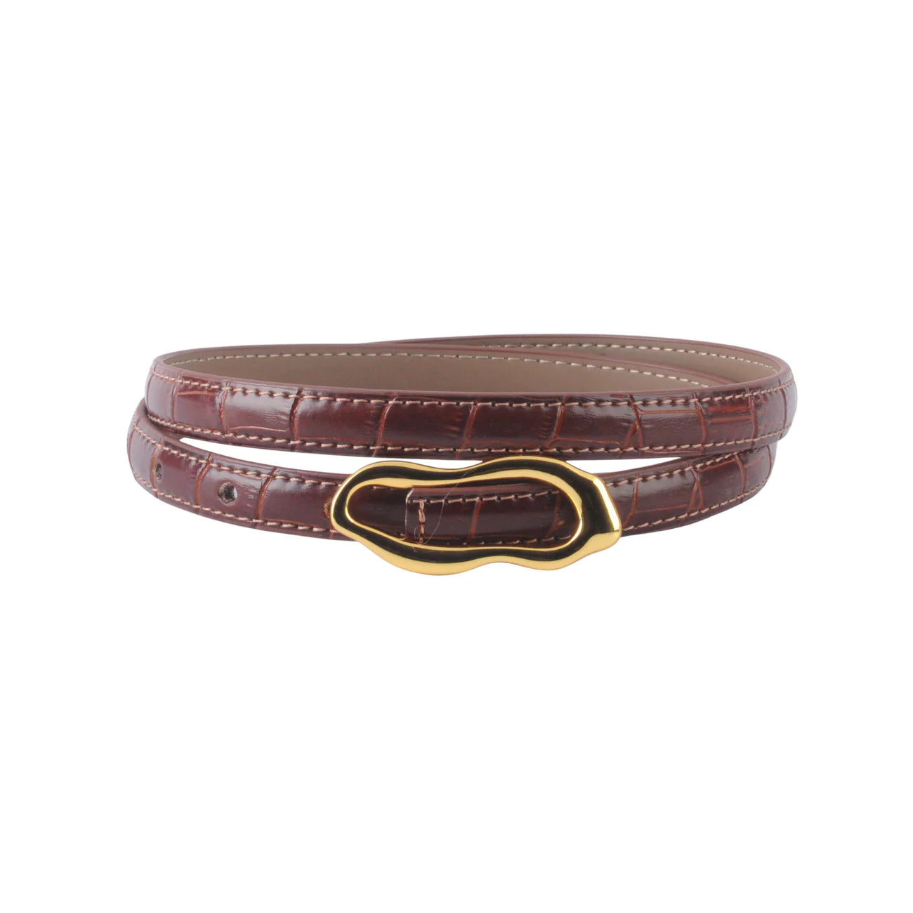 Skinny Belt Asymmetrical Buckle-Rust Leather Croco