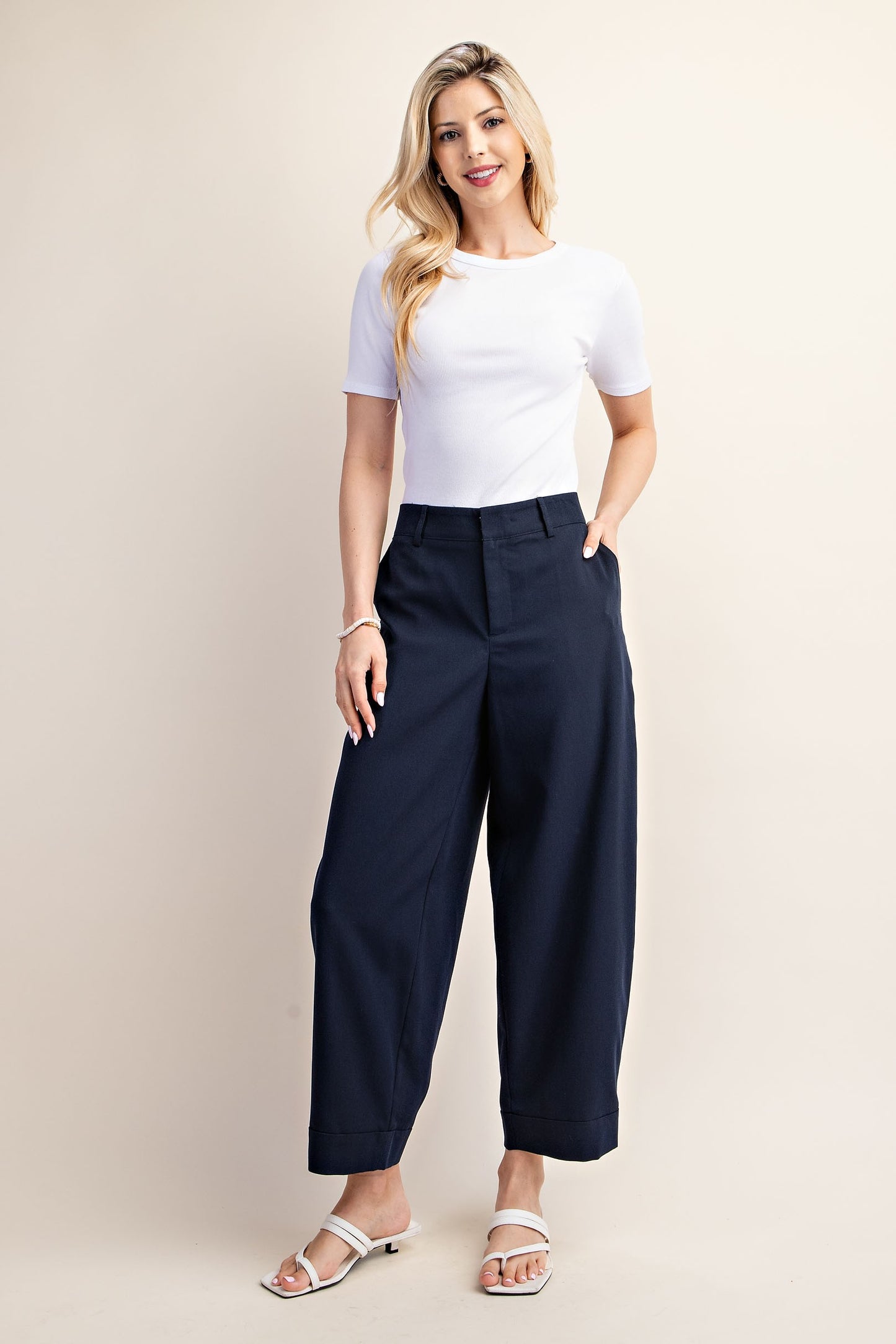 Tailored High Waist Cropped Pants-Navy