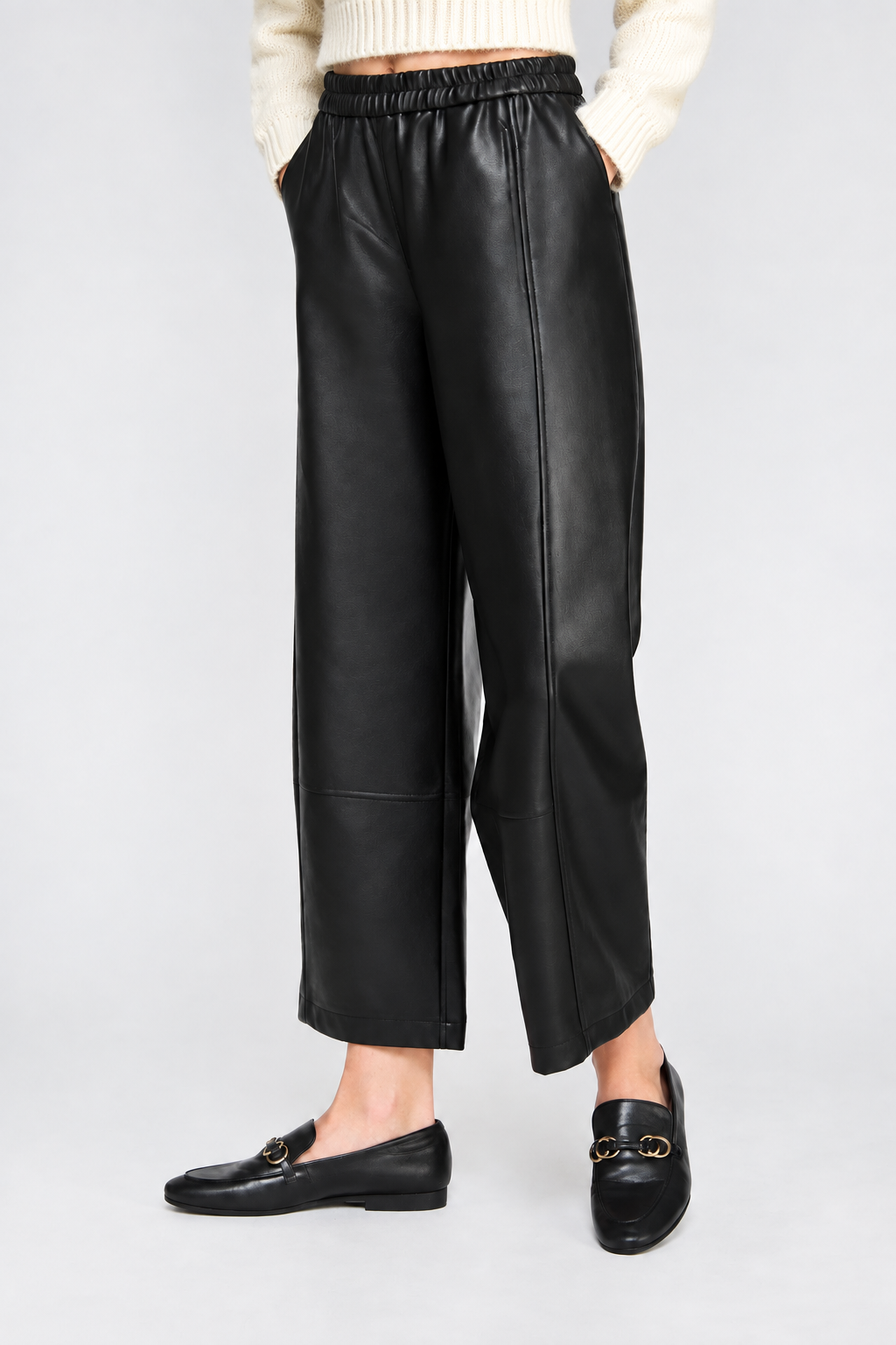 Skyler Wide Leg Barrel Pants-Black Vegan Leather