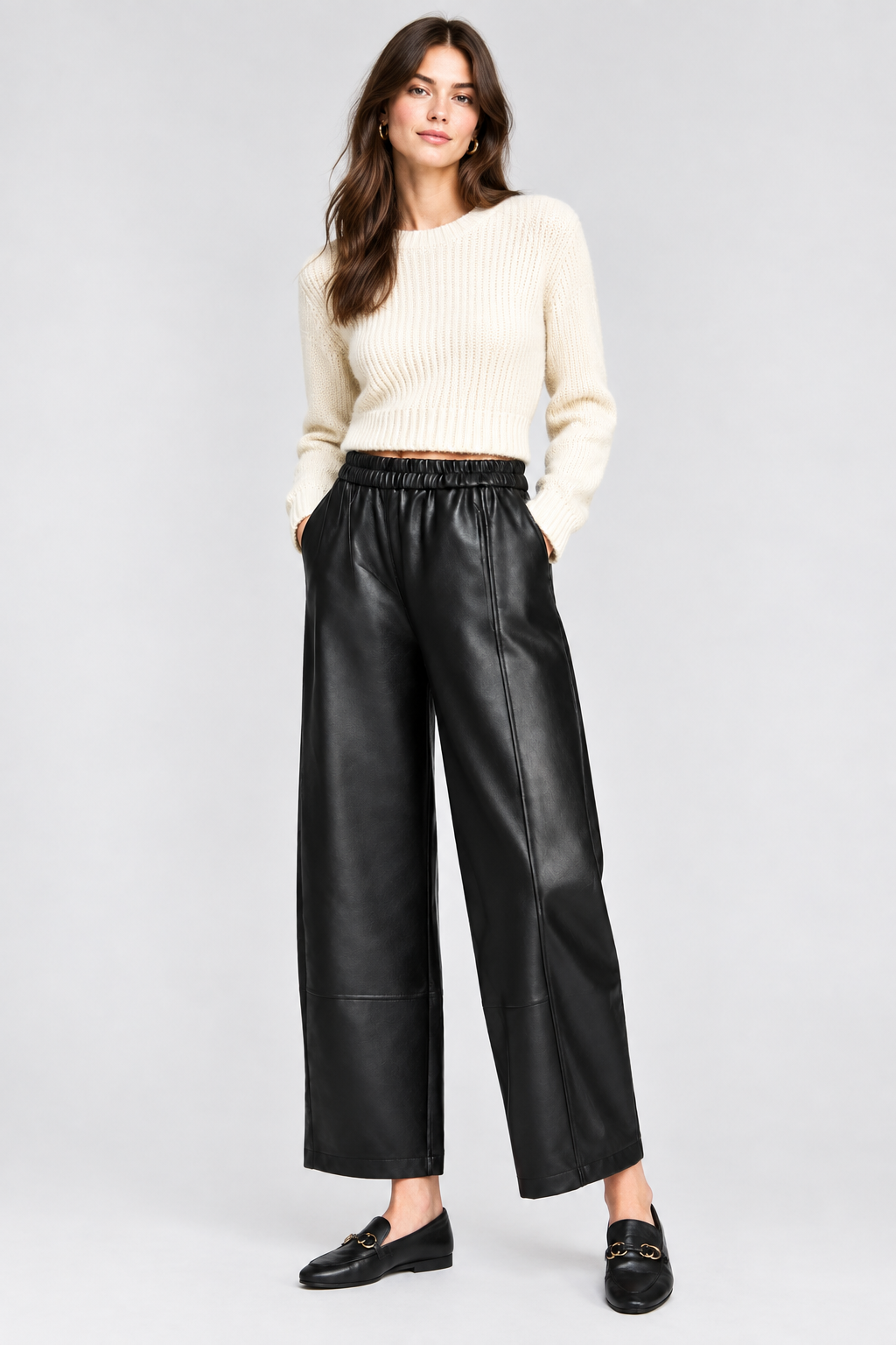 Skyler Wide Leg Barrel Pants-Black Vegan Leather