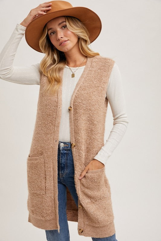 Button V-Neck Teddy Knit Long Vest-Latte