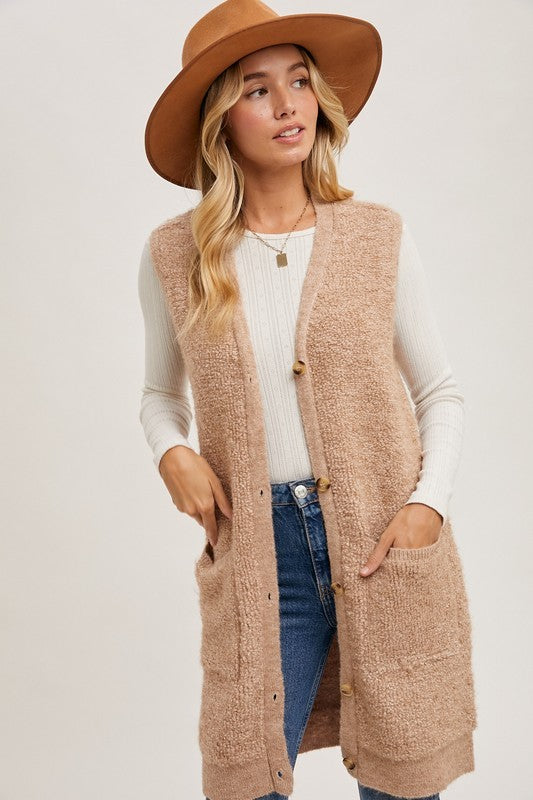 Button V-Neck Teddy Knit Long Vest-Latte