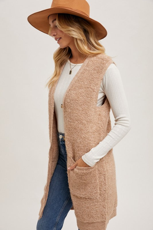 Button V-Neck Teddy Knit Long Vest-Latte