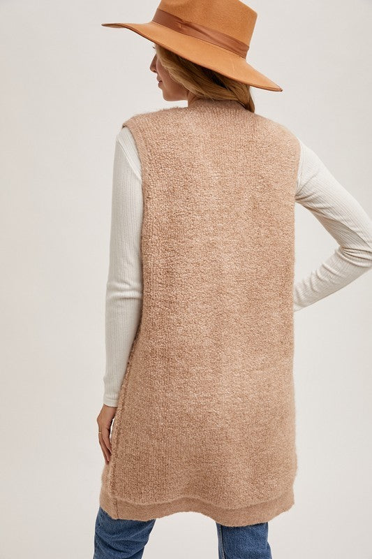 Button V-Neck Teddy Knit Long Vest-Latte