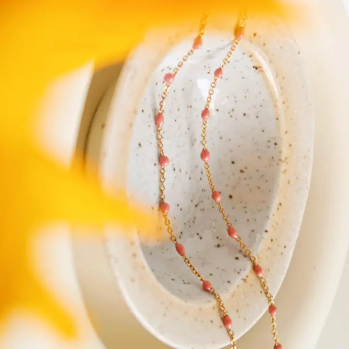 18K Non-Tarnish Petite Beaded Chain Necklace-Rose