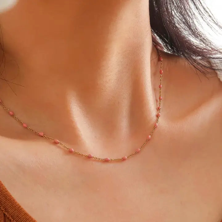 18K Non-Tarnish Petite Beaded Chain Necklace-Rose