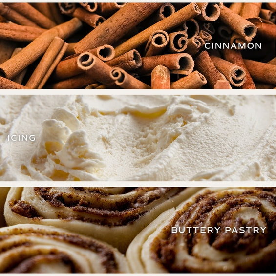 Three horizontal panels showing candle smells. A top panel of whole cinnamon sticks labeled CINNAMON, a middle panel of creamy white icing labeled ICING, and a bottom panel of rolled buttery pastry with cinnamon filling labeled BUTTERY PASTRY.