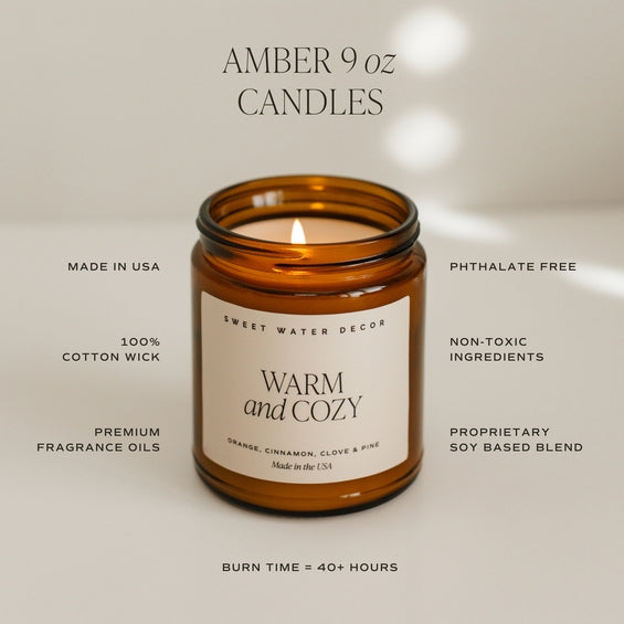 Amber 9 oz candle with 'Sweet Water Decor' label and candle details on a neutral background