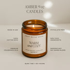 Amber 9 oz candle with 'Sweet Water Decor' label and candle details on a neutral background