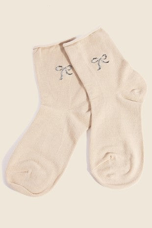 Sparkling Ribbon Embroidered Socks-Beige