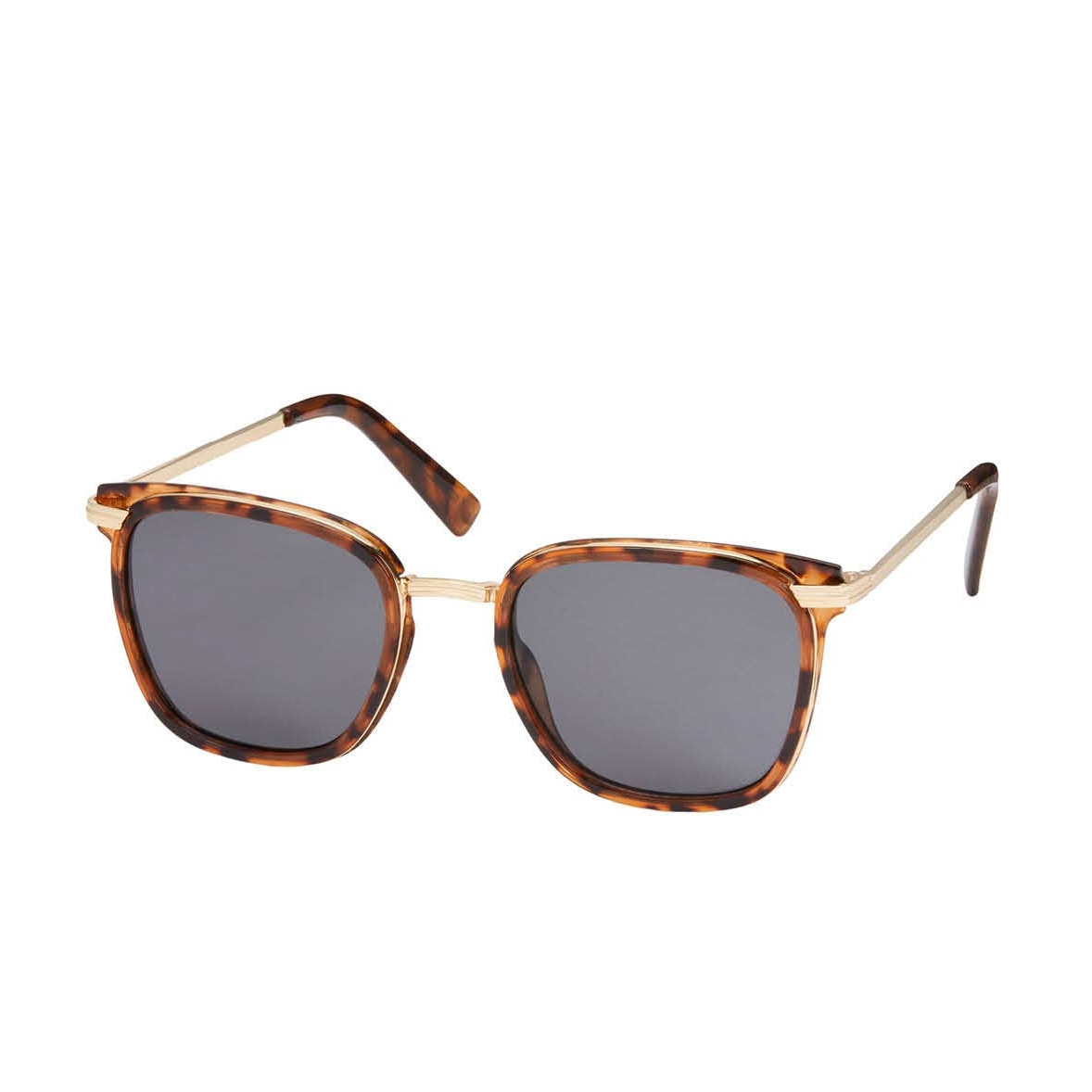 Brown cheetah frames with metal side arm sunglasses and black lens against a white background