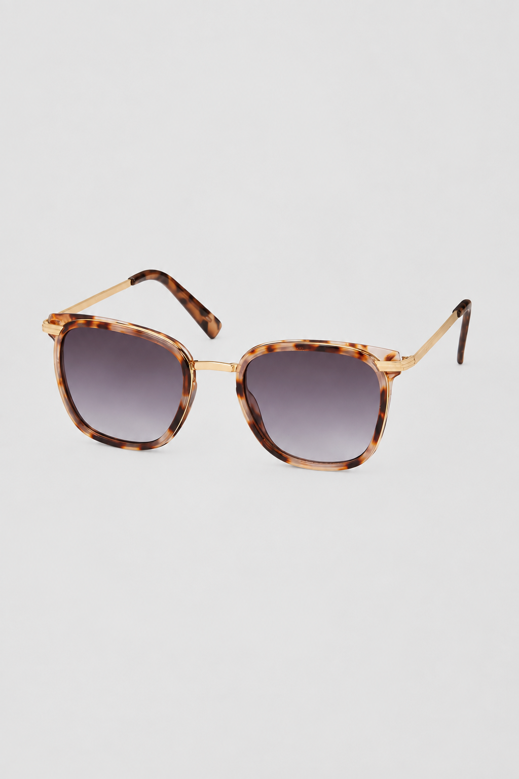 Grey cheetah frame with metal side arm sunglasses and black lens against a white background