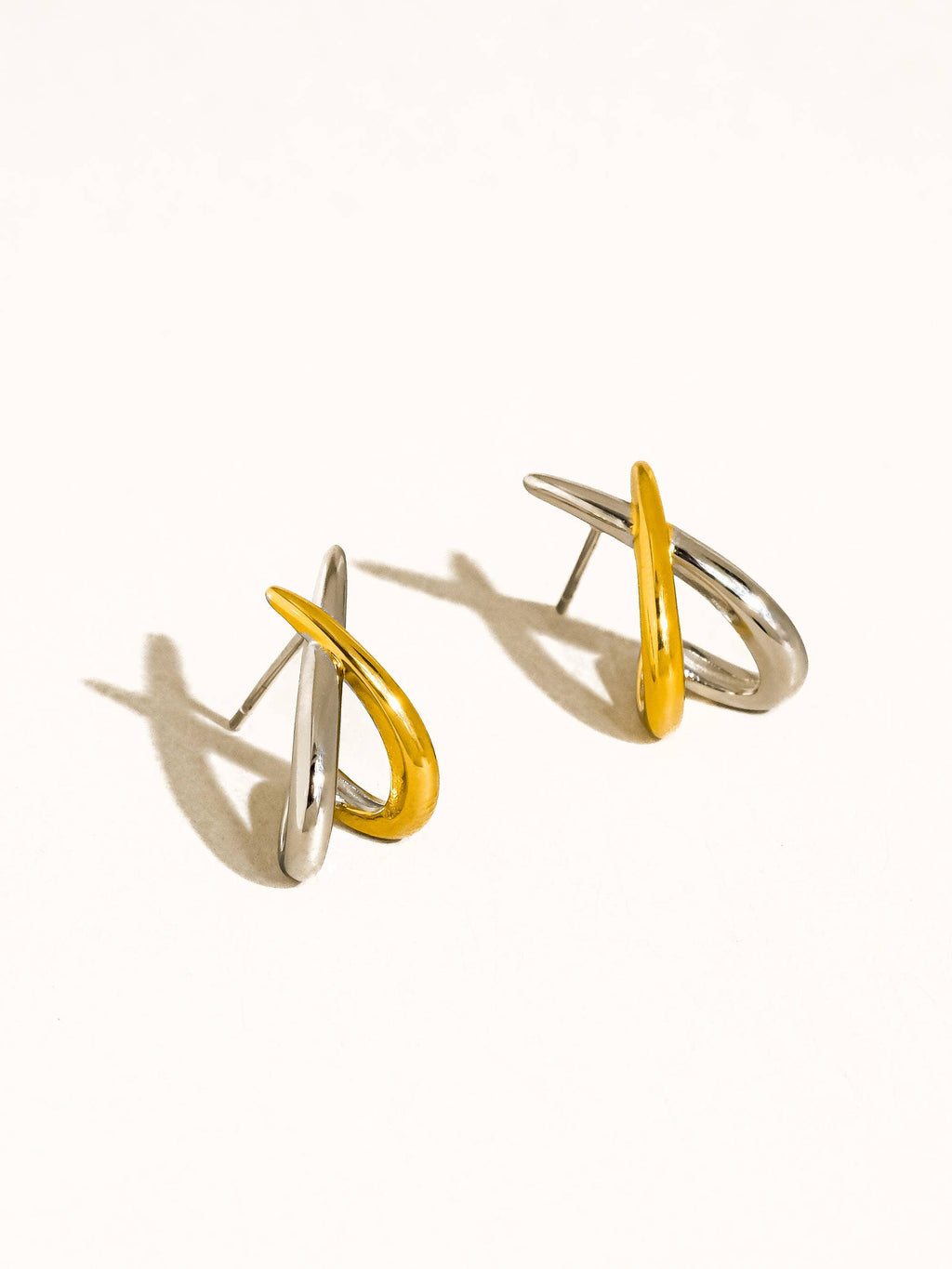 Non-Tarnish Two Tone Crossover Earrings-18k Gold Plated
