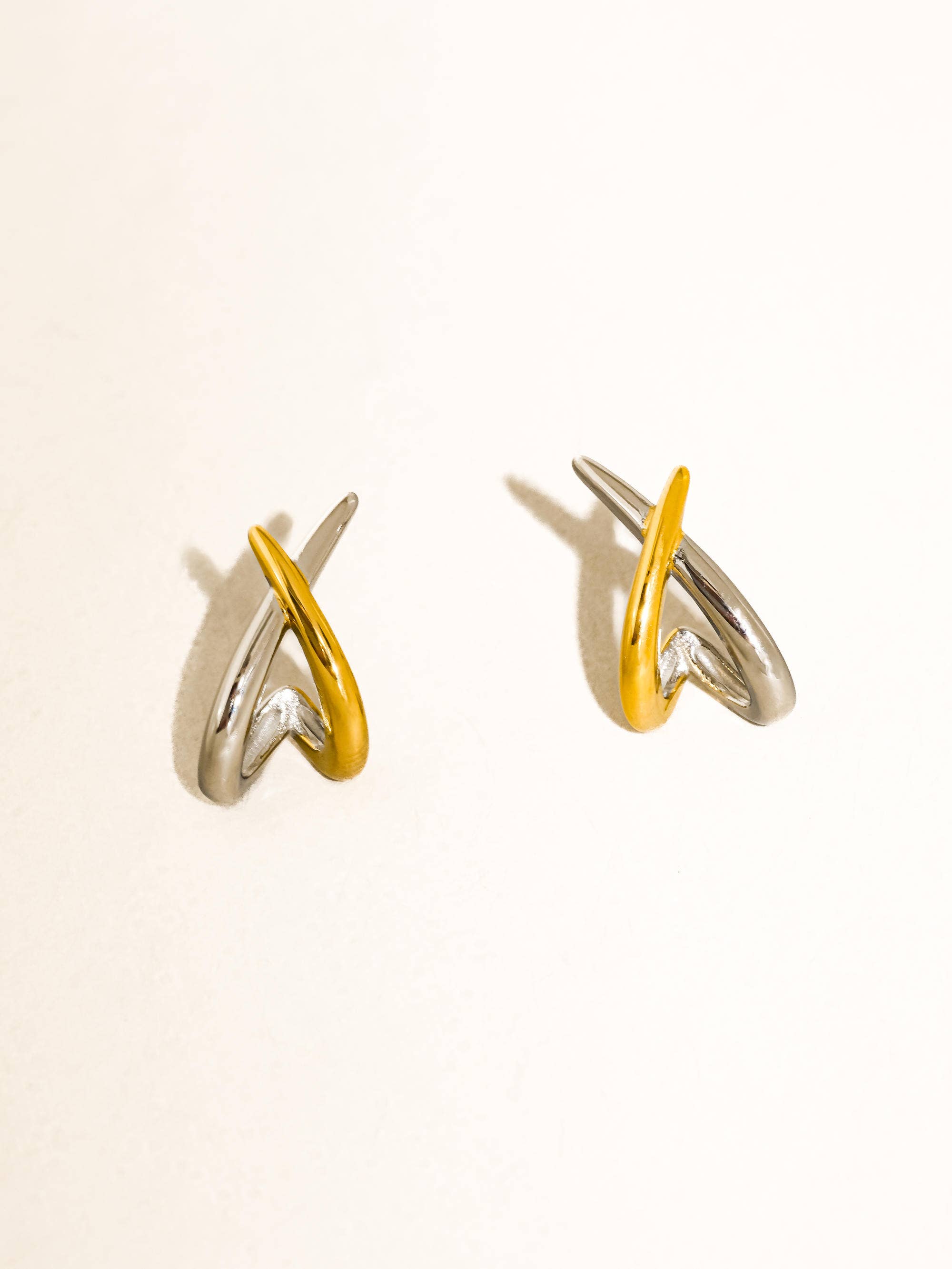 Non-Tarnish Two Tone Crossover Earrings-18k Gold Plated