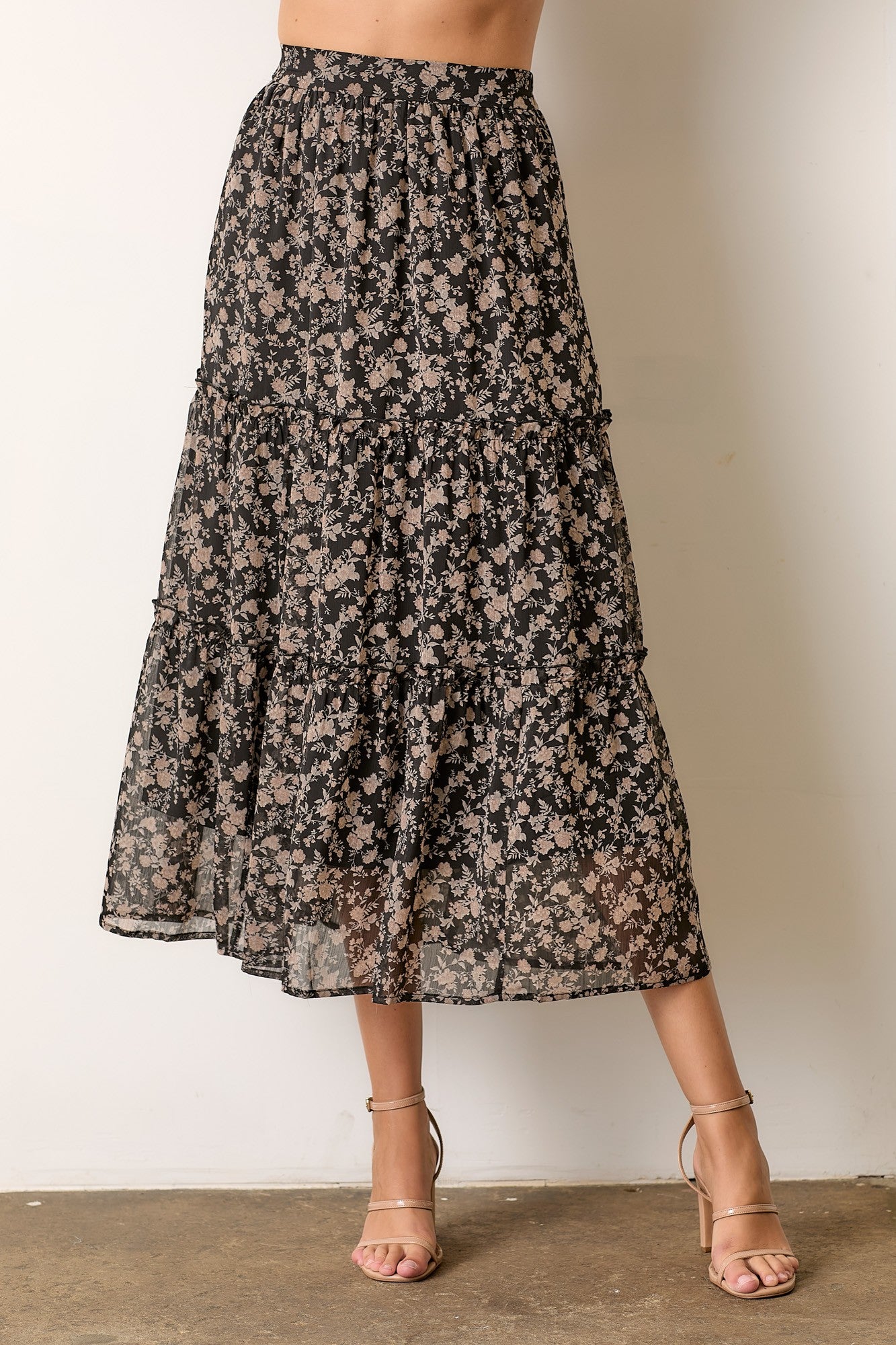 Floral Print Tiered Maxi Skirt-Black Multi