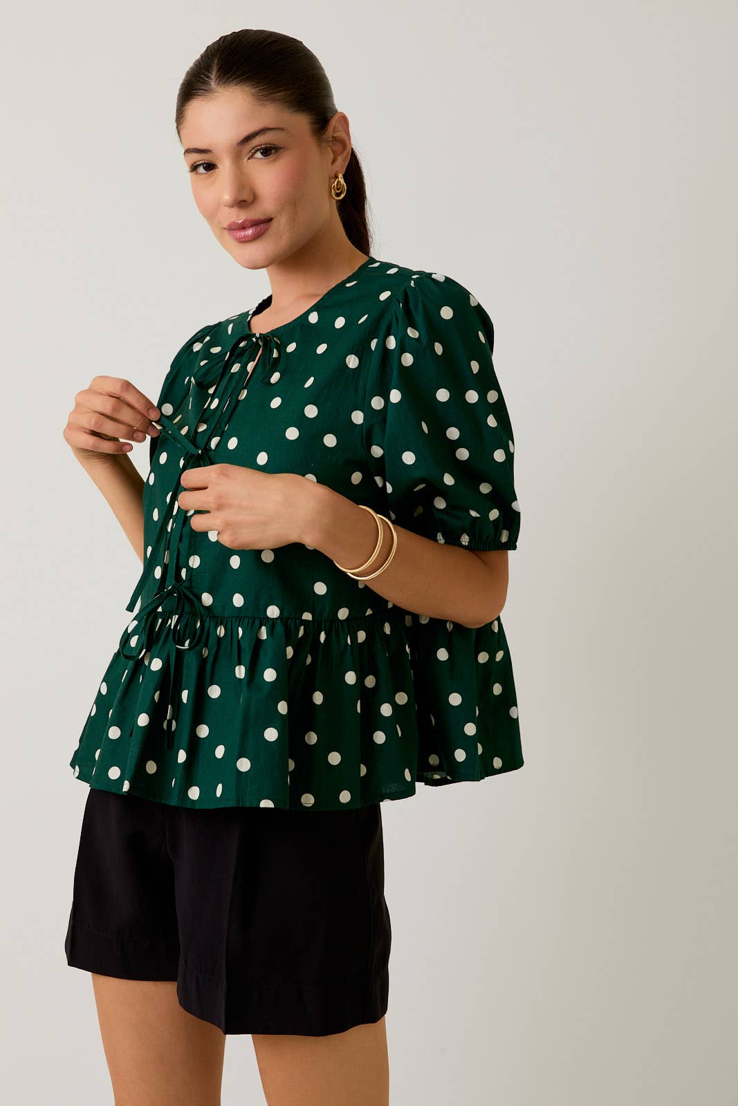 Stephanie Puff Sleeve Polka Dot Blouse-Green Cream