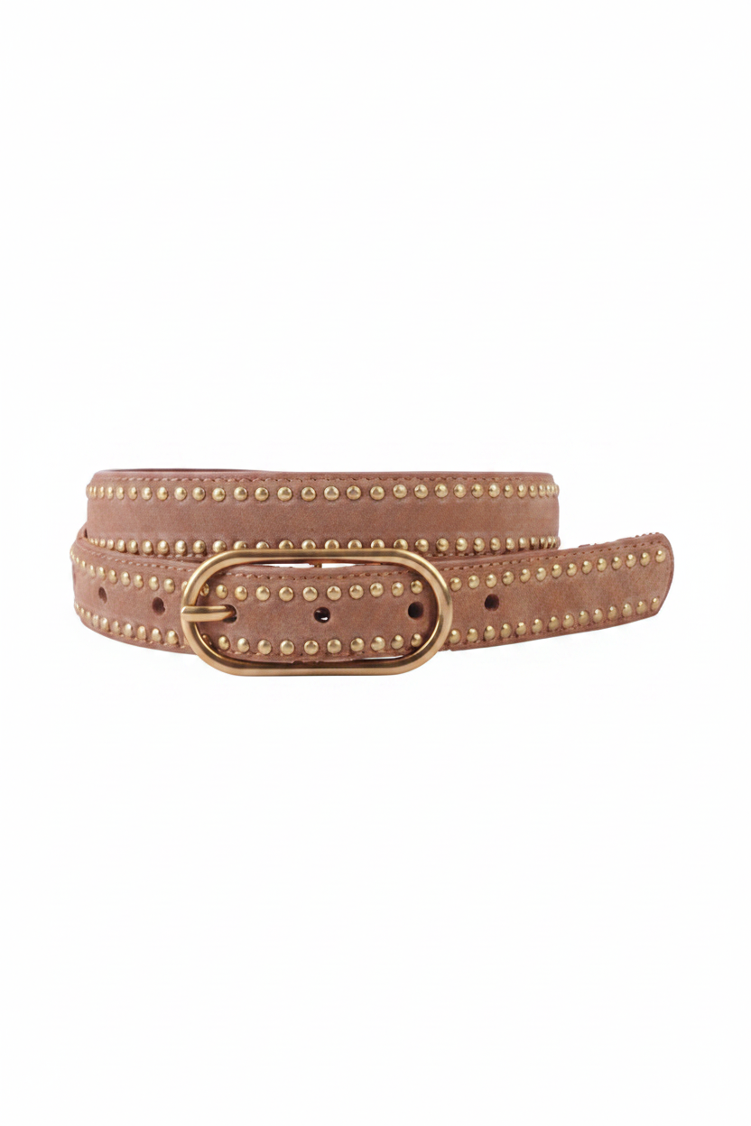 Taupe belt with gold studs and buckle on a white background