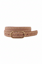 Taupe belt with gold studs and buckle on a white background