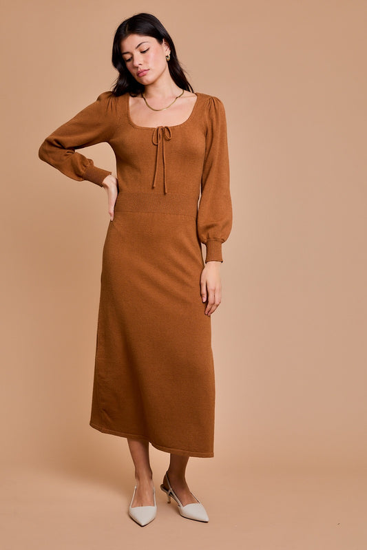 Scoop Neck Front Tie Knit Midi Dress-Camel