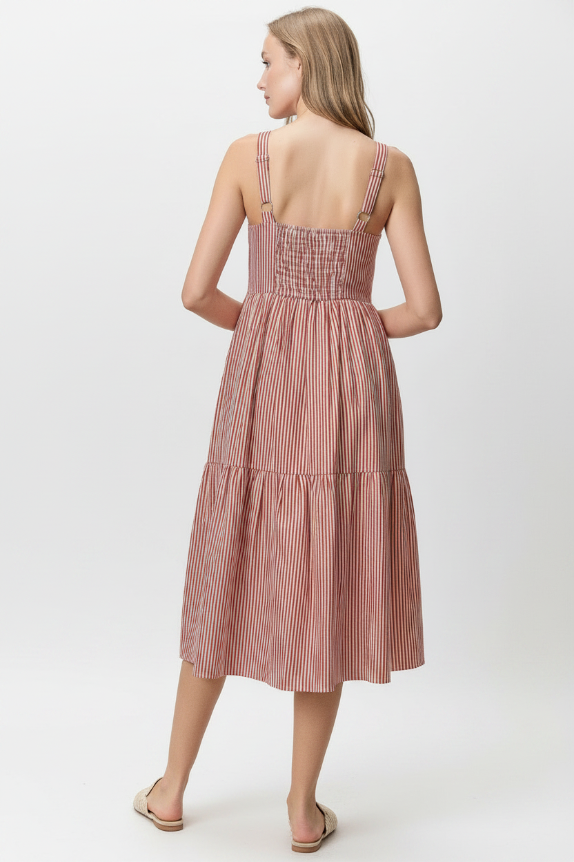 Striped Button Front Tiered Midi Dress-Red White Blend | Women's Dresses - Erma Jean Striped Button Front Tiered Midi Dress-Red White Blend | Women's Dresses - Erma Jean