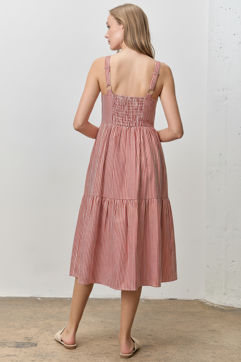 Back view of a woman wearing a red striped dress against a white wall.