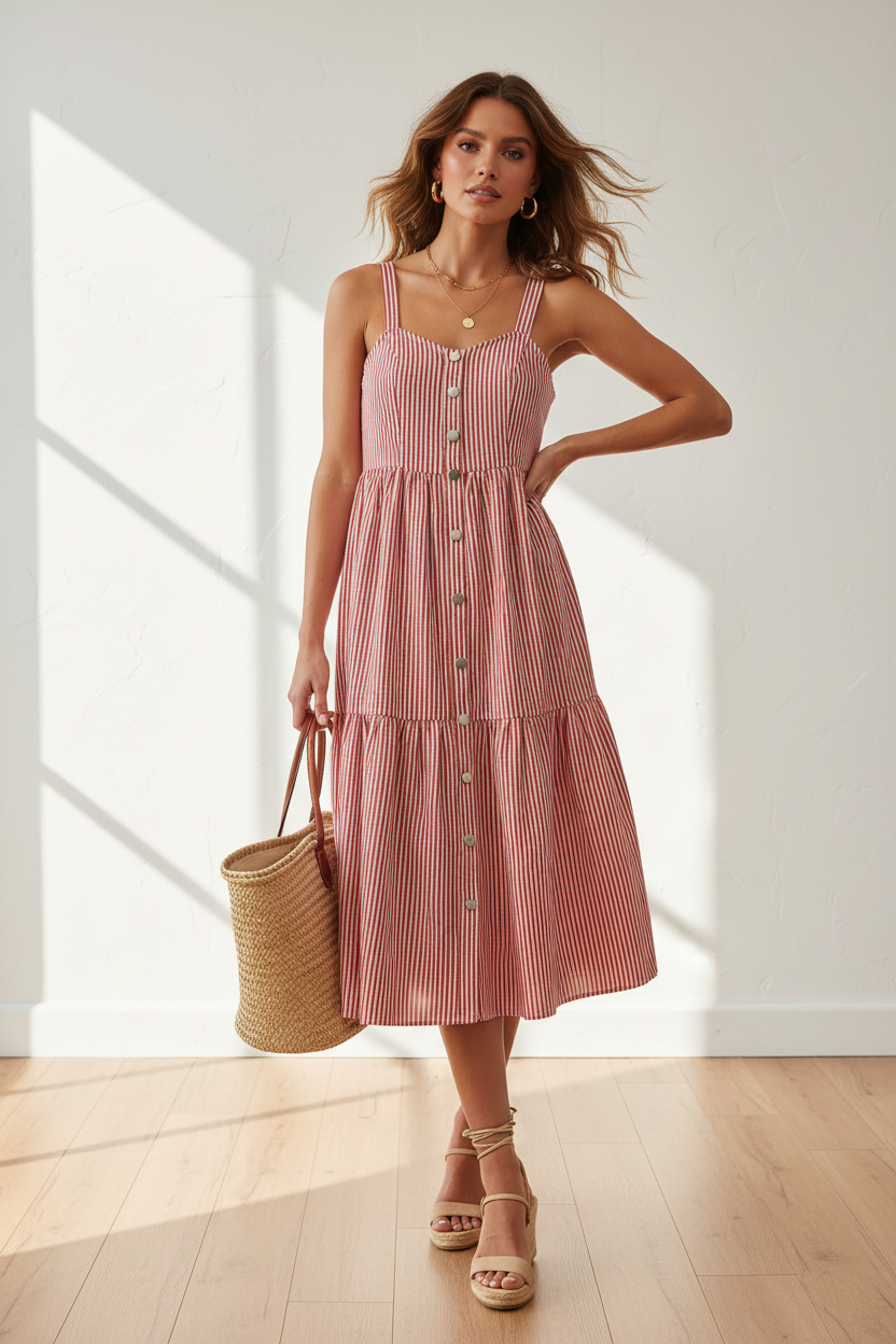 Woman wearing a red striped dress holding a straw bag indoors.