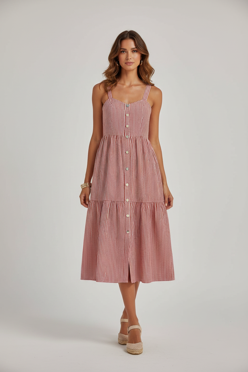 Striped Button Front Tiered Midi Dress-Red White Blend | Women's Dresses - Erma Jean Striped Button Front Tiered Midi Dress-Red White Blend | Women's Dresses - Erma Jean