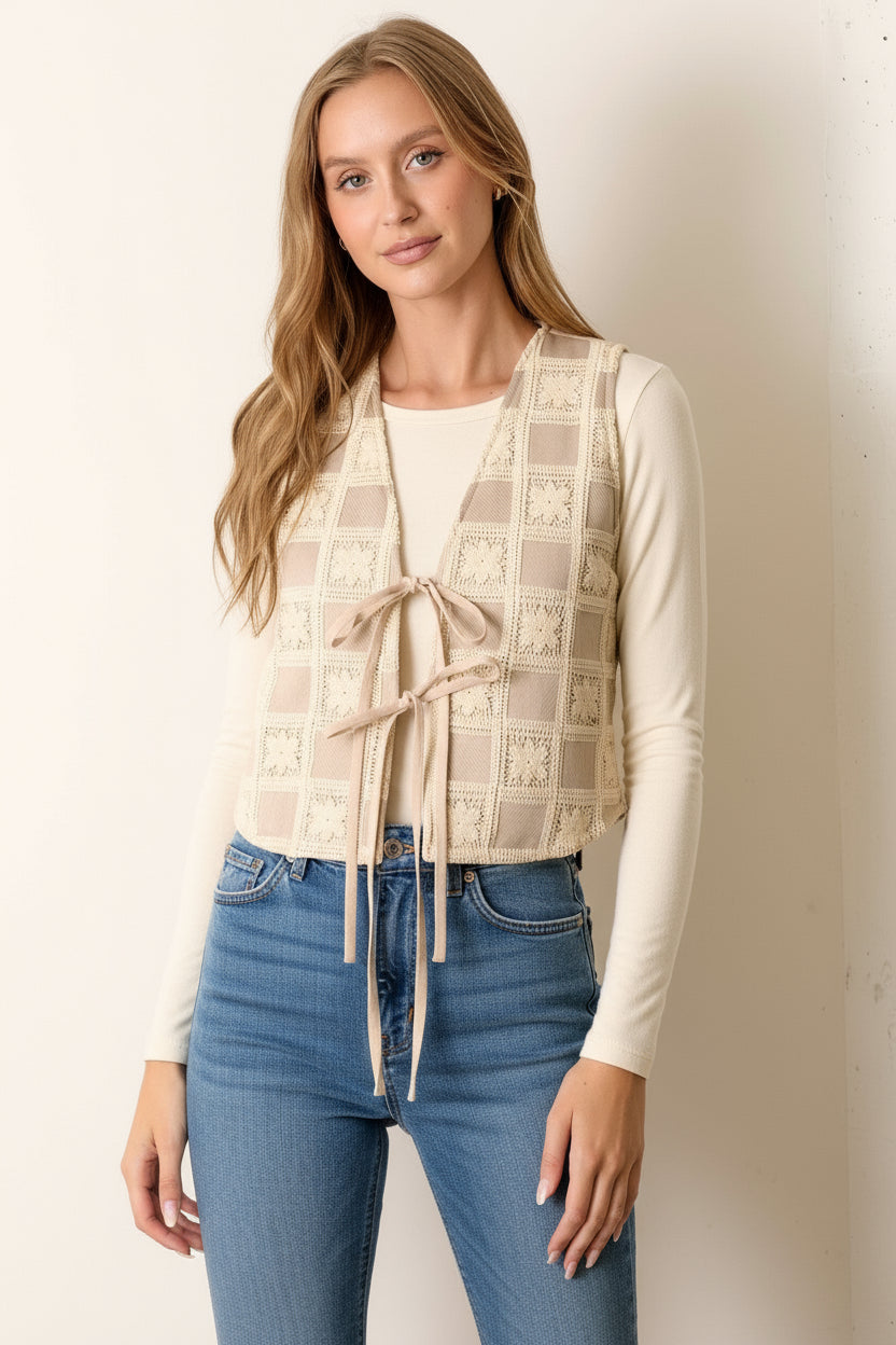 Flower Print Checker Vest-Natural