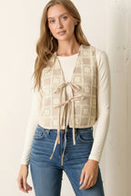 Flower Print Checker Vest-Natural