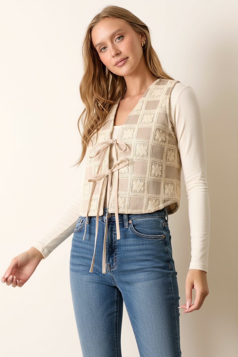 Flower Print Checker Vest-Natural