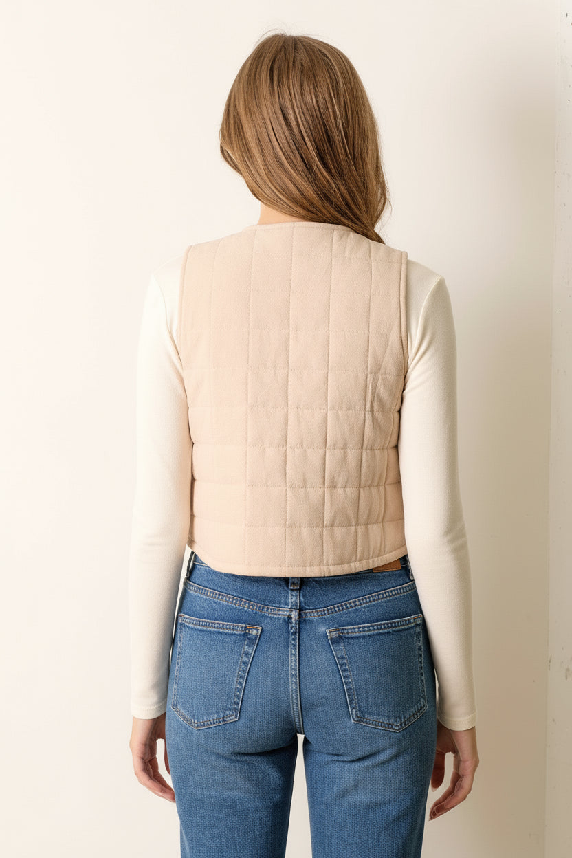 Flower Print Checker Vest-Natural