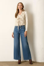 Flower Print Checker Vest-Natural