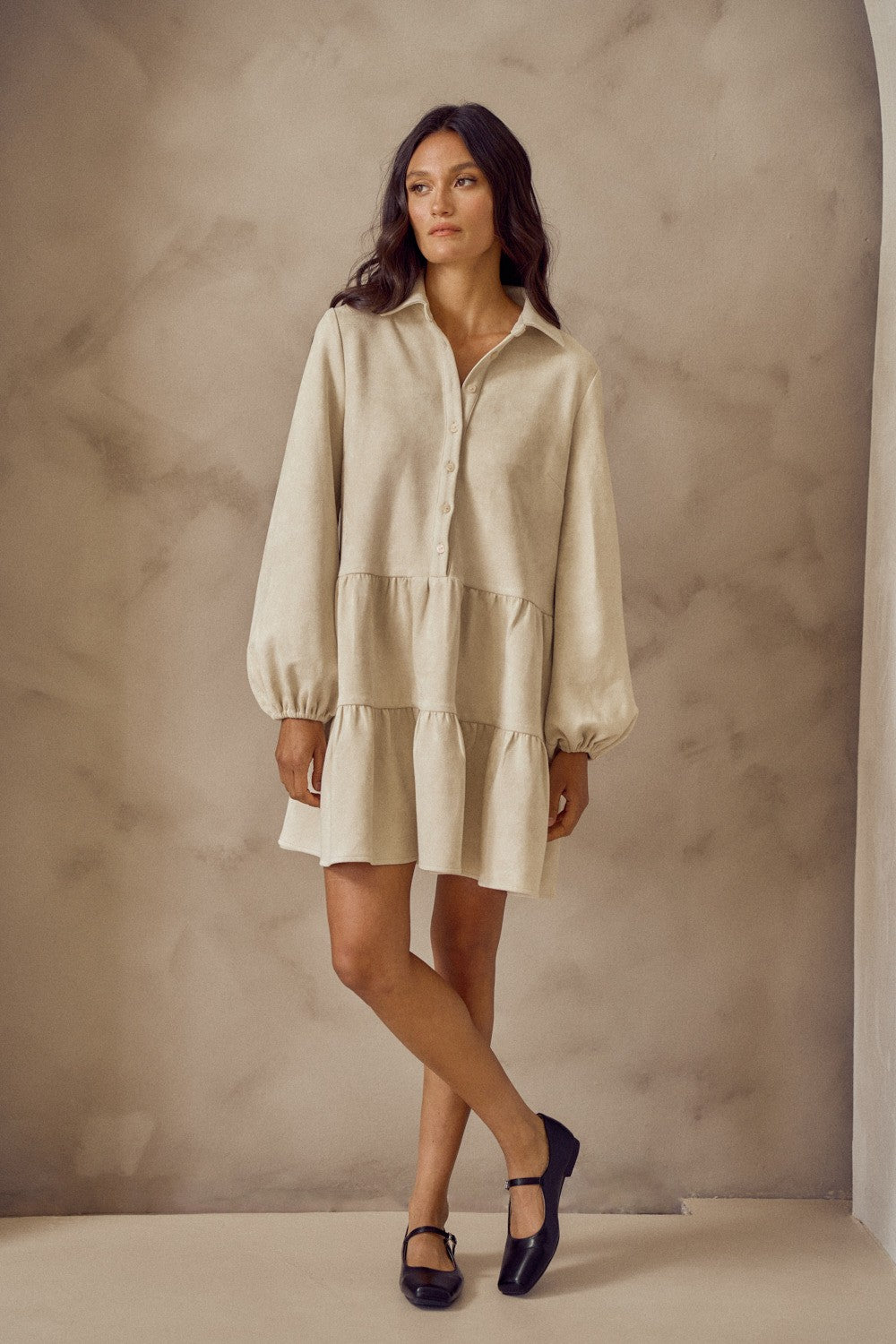 Long Sleeve Button Front Tiered Suede Dress-Cream