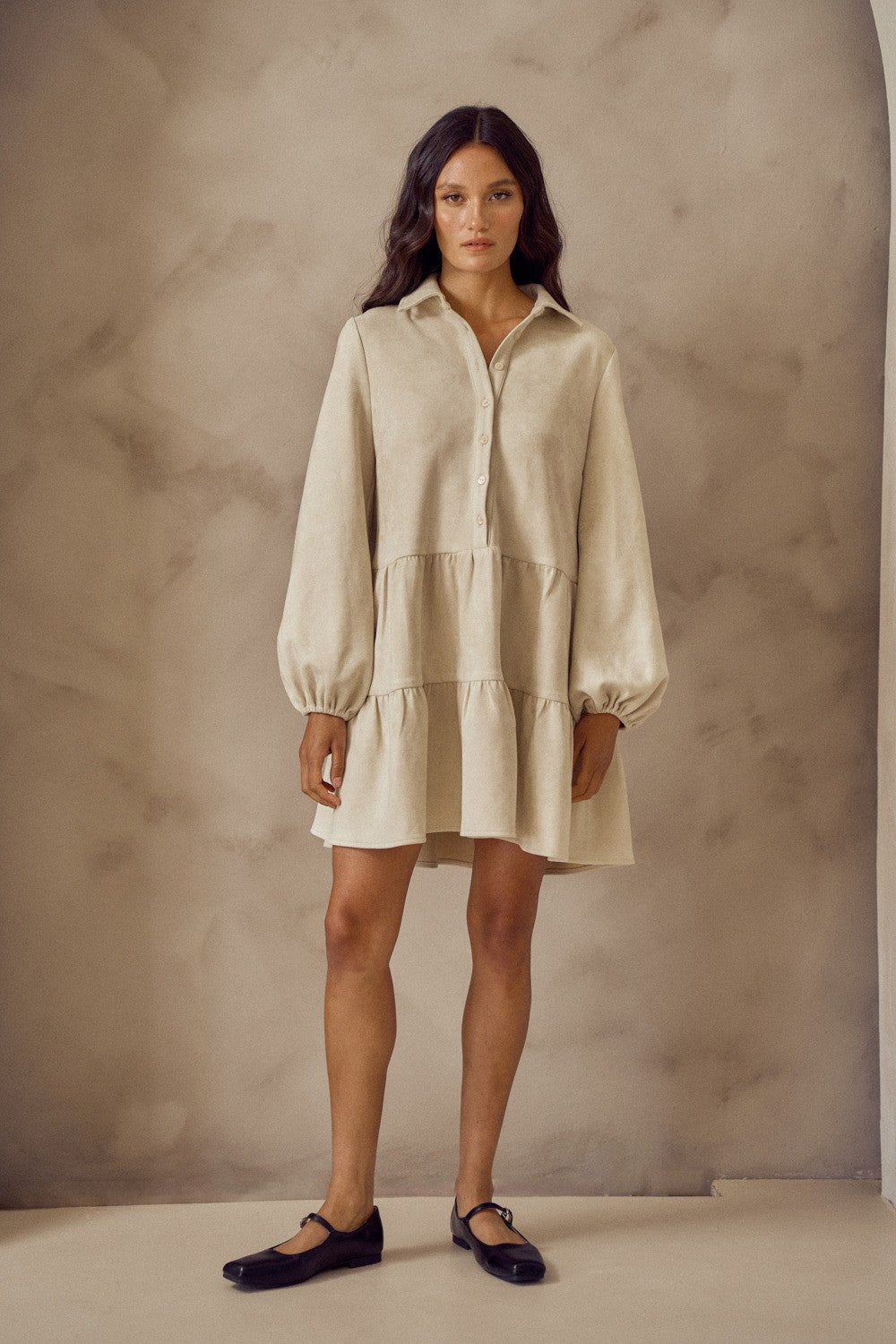 Long Sleeve Button Front Tiered Suede Dress-Cream