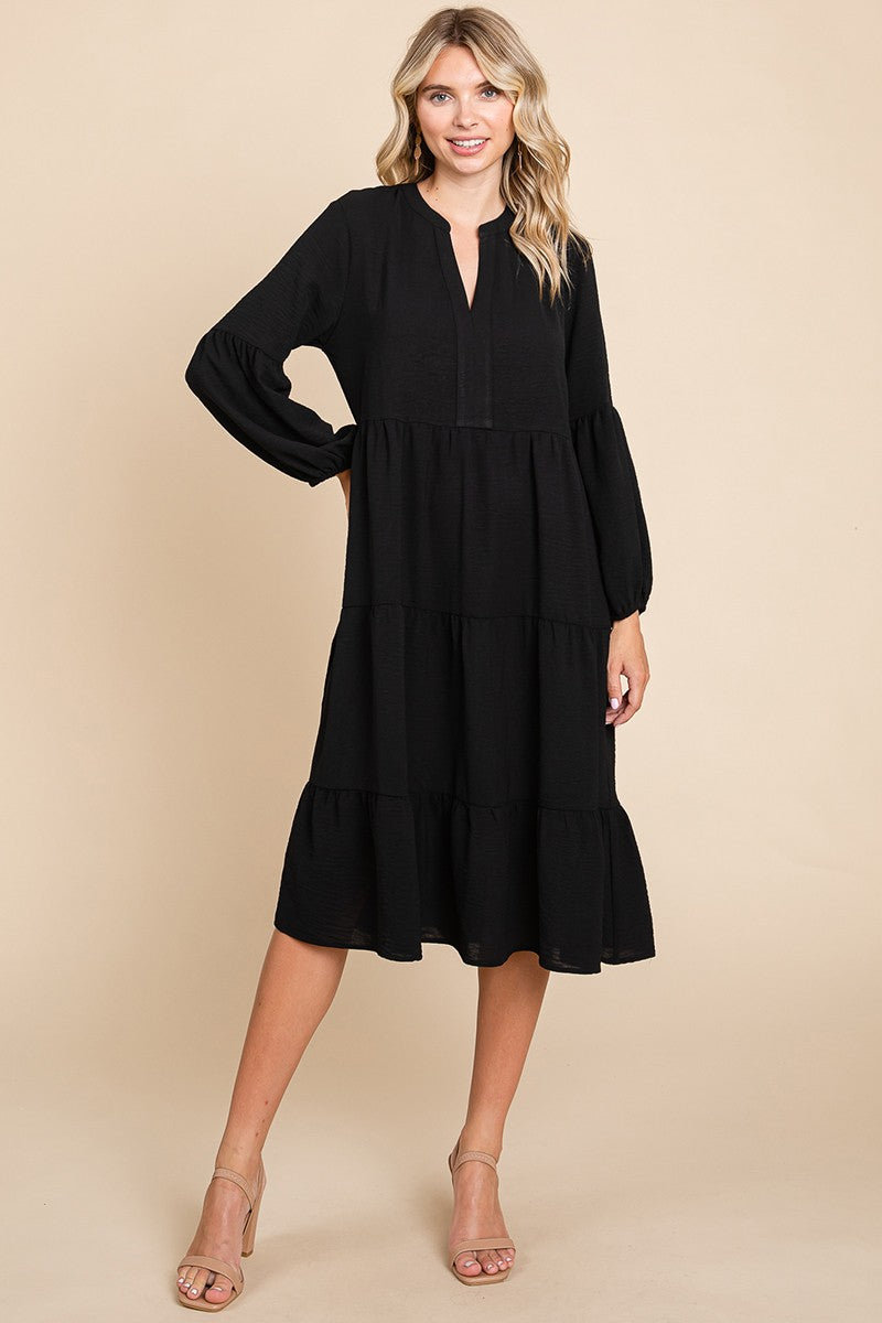 Long Sleeve Tiered Midi Dress-Black