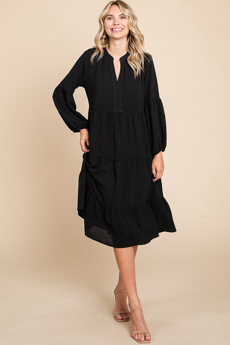 Long Sleeve Tiered Midi Dress-Black