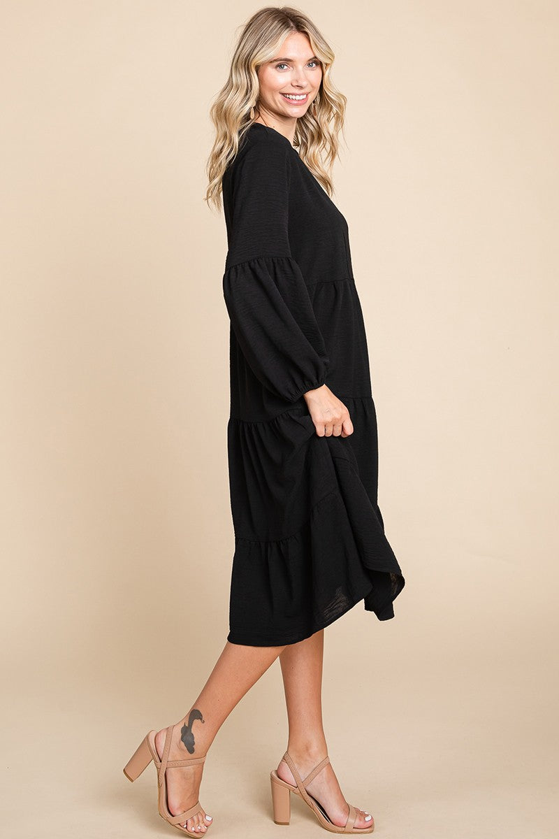 Long Sleeve Tiered Midi Dress-Black