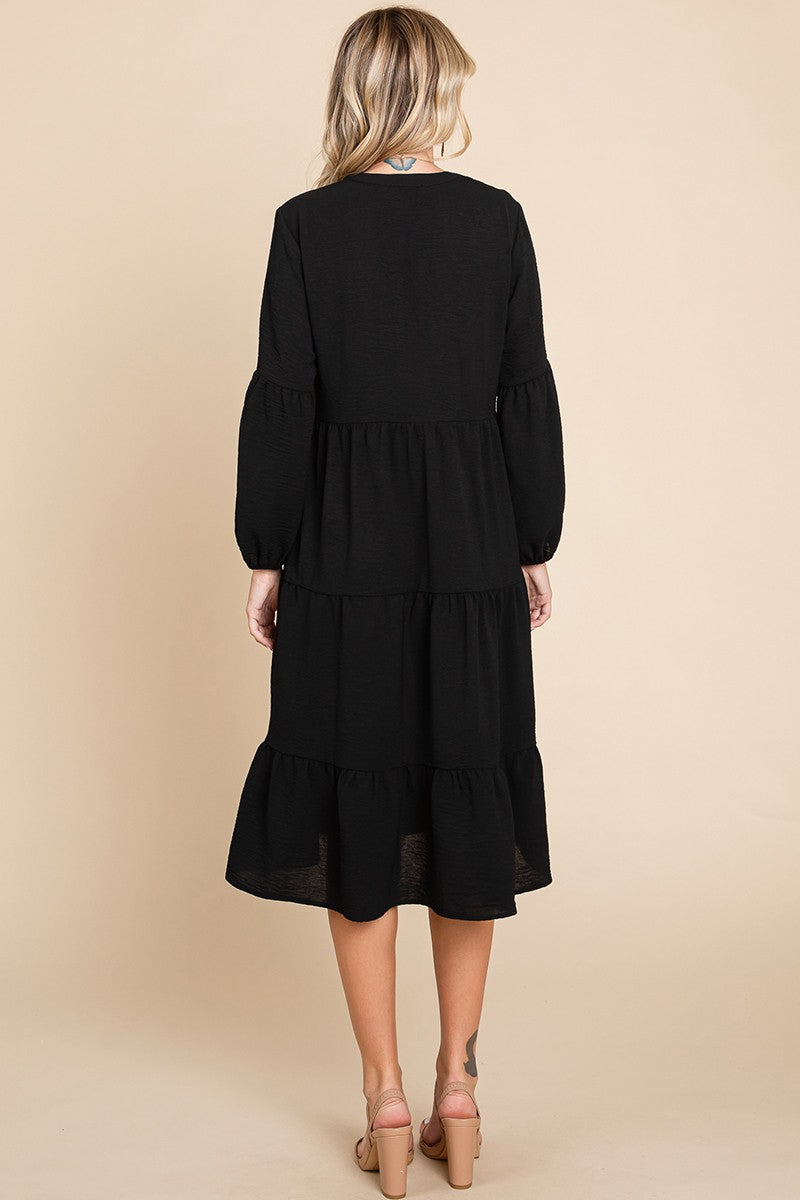 Long Sleeve Tiered Midi Dress-Black