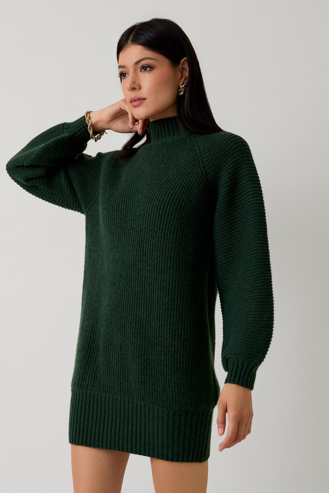 Woman wearing a hunter green sweater dress against a plain background