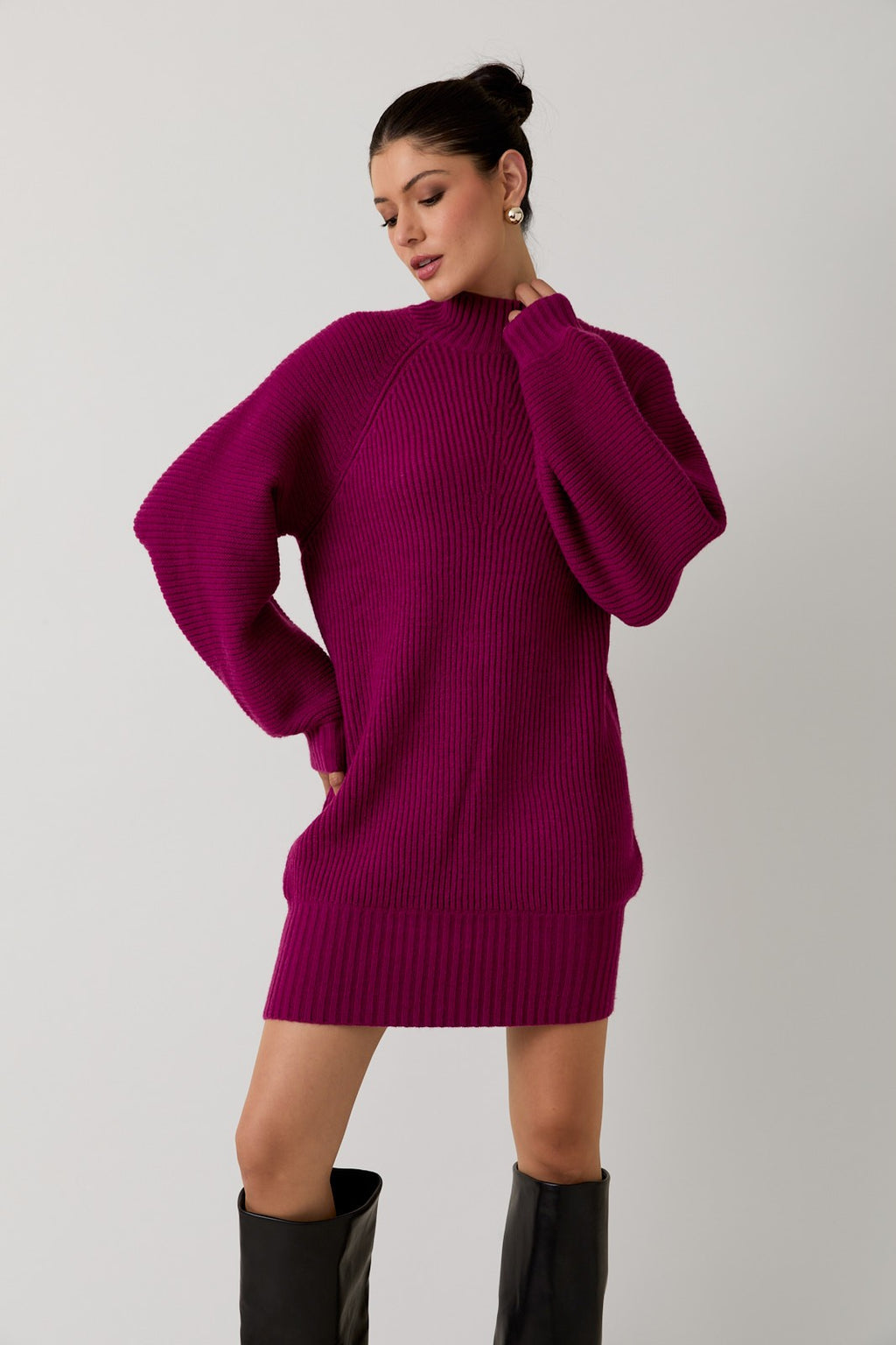 Tana Mock Neck Sweater Dress-Magenta Knit