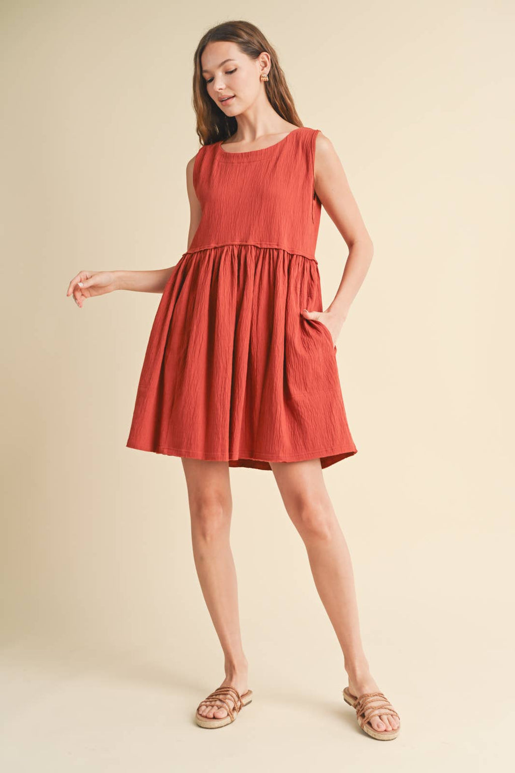 Crinkle Knit Raw Edge Detail Tank Dress-Brick