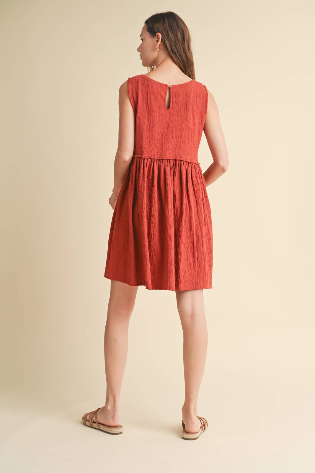 Crinkle Knit Raw Edge Detail Tank Dress-Brick