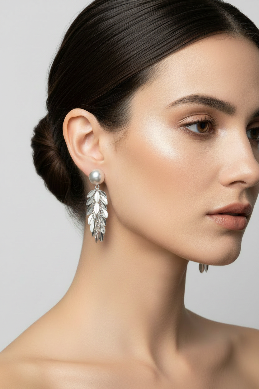 Woman wearingsilver tone tassel drop earrings against a neutral background