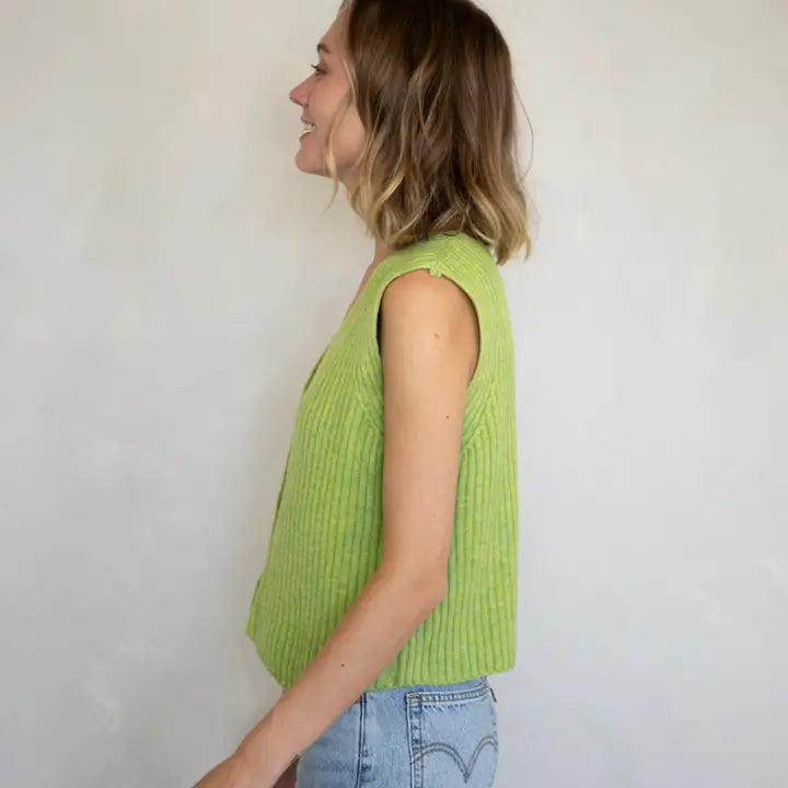 Button Down Ribbed Vest-Lime