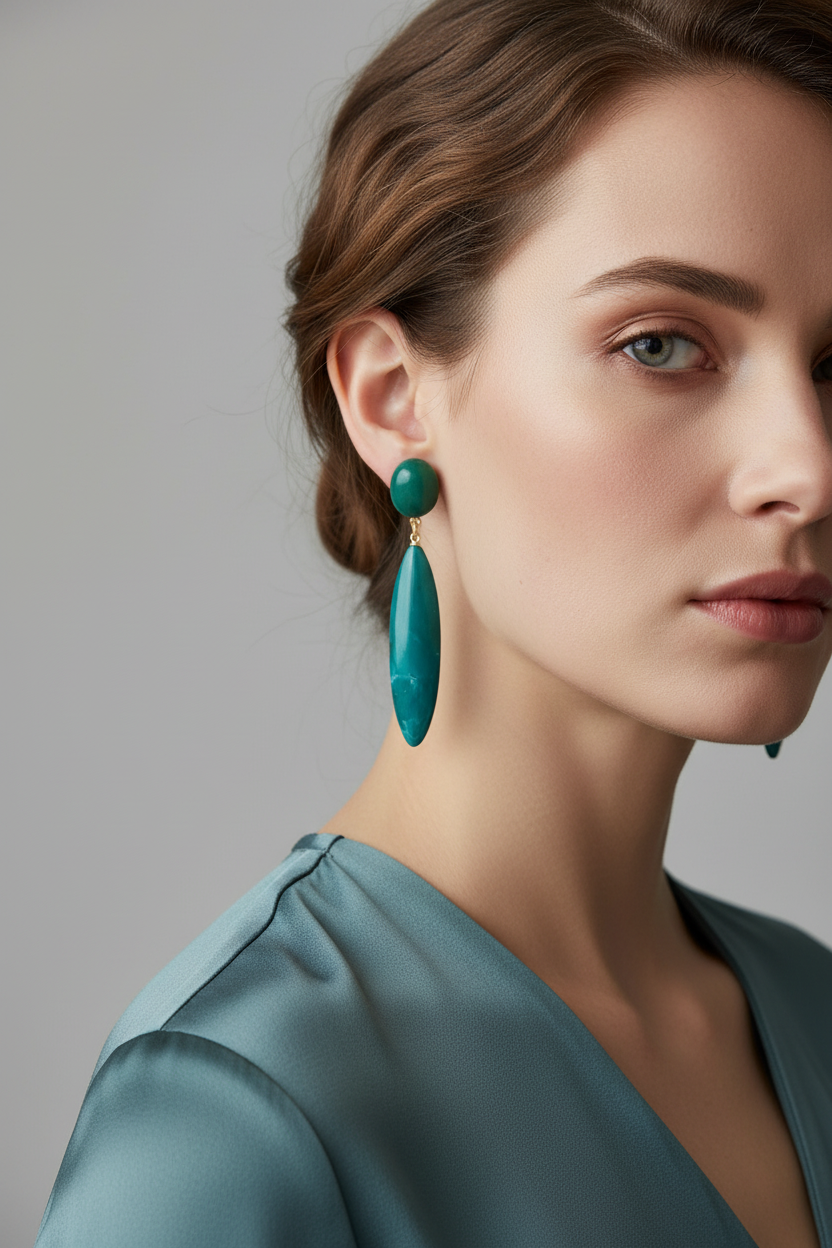 Woman wearing emerald green earrings against a neutral background
